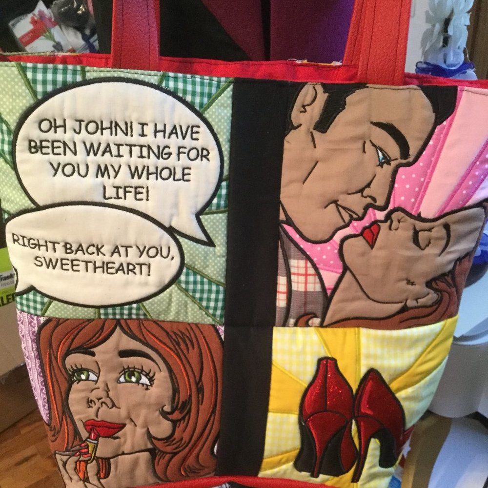 Handmade Pop art embroidered tote 15"wide 16"tall not counting handles